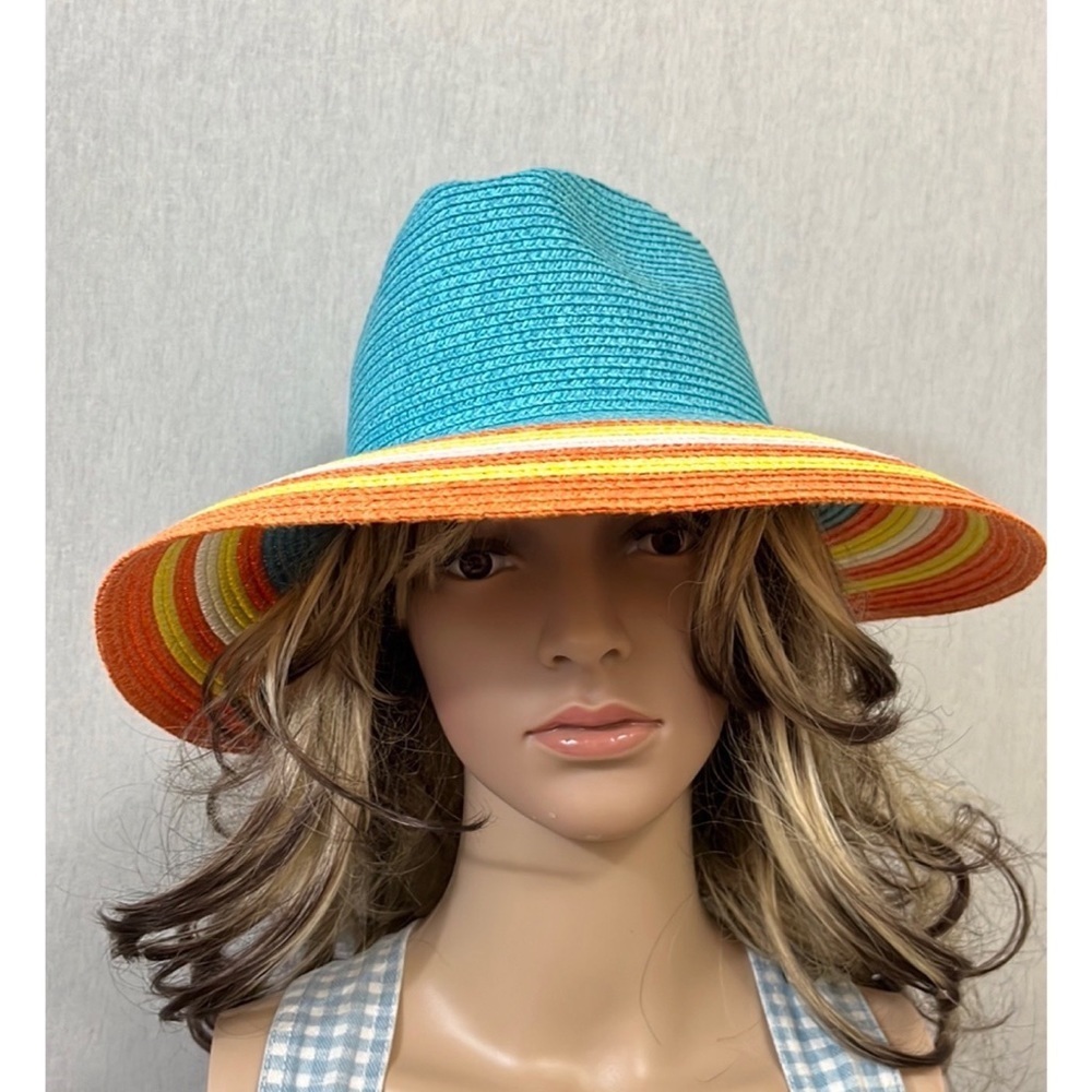 NWOT Magid colorful turquoise orange yellow white striped straw summer hat O/S